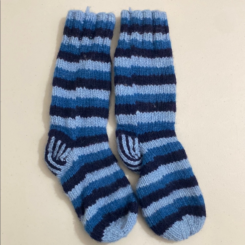 Hand Knit Striped Blue Socks, Size 7-9